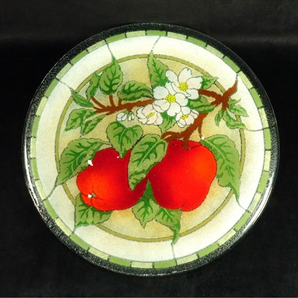 Vtg Peggy‎ Karr APPLES 2000 Fused Glass 11" Plate 2 Apples on Branch w/ Blossoms